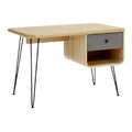 **Titel in het Nederlands: Moderne houten bureau met metalen poten en lade**