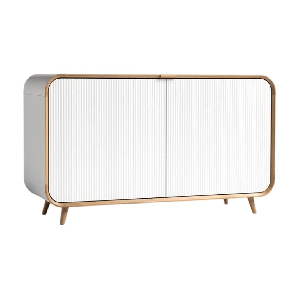 **Technische titel in het Nederlands: Moderne witte kast met golvende deuren en houten details**
