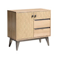 **Moderne Houten Dressoir met Gegraveerde Patronen en Metaalaccenten**