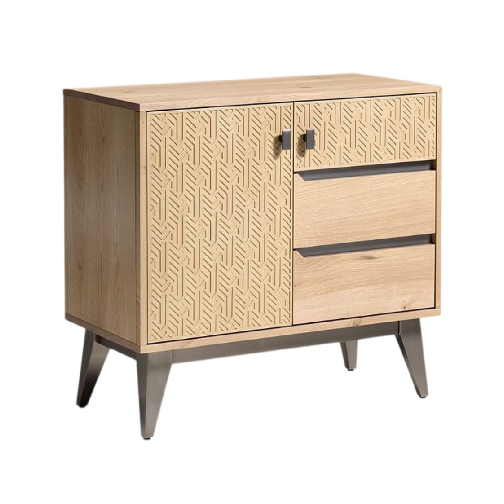 **Moderne Houten Dressoir met Gegraveerde Patronen en Metaalaccenten**