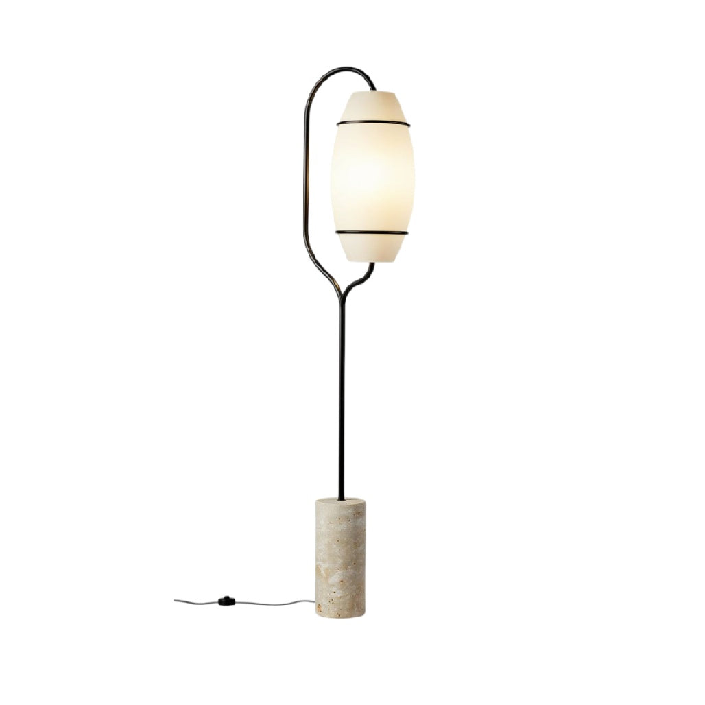 **Technische titel in het Nederlands:** Modern vloerlampontwerp met cilindrische voet en opaal glazen lamp.